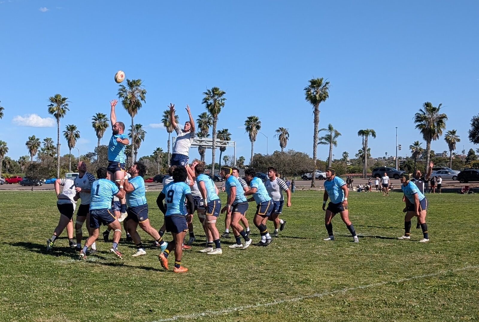 Senior OMBAC players contesting a lineout at Robb Field