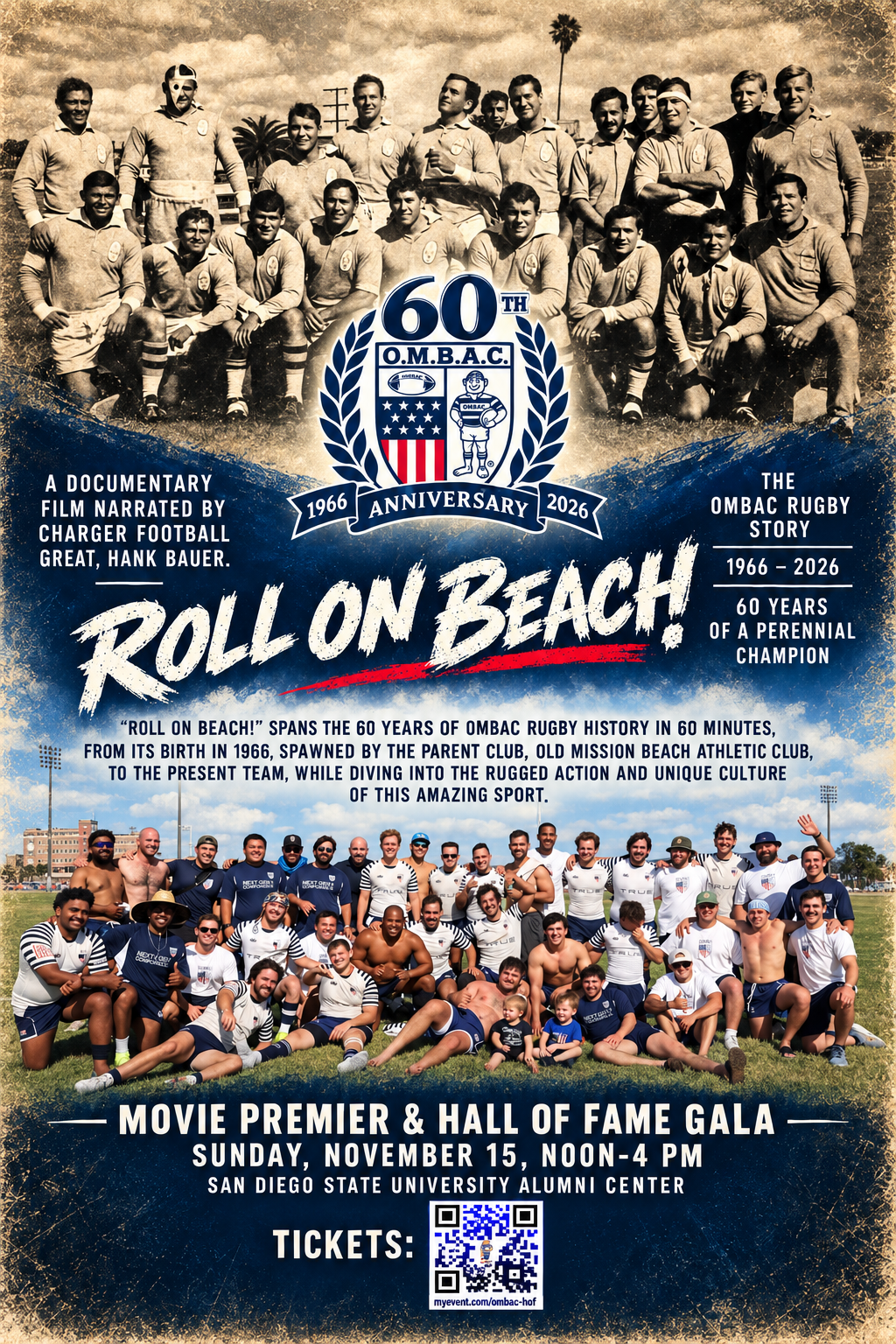 Roll on Beach! Movie premiere and Hall of Fame gala, Sunday November 15, 2026, noon–4 p.m., San Diego State University Alumni Center.